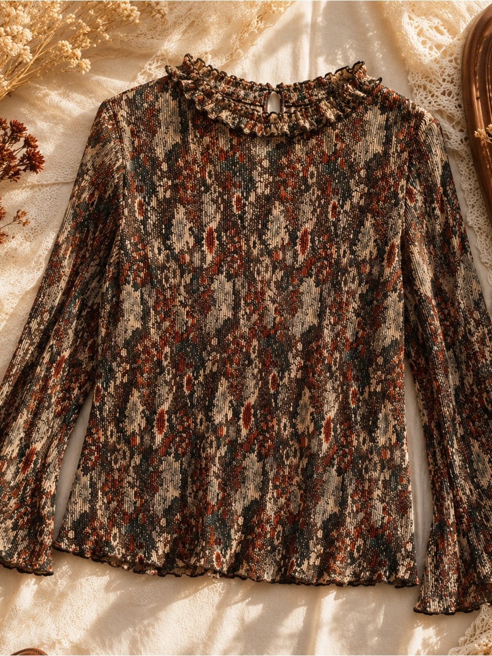 Prairie Floral Pleated Sheer Blouse Ruffle Neck Boho Cottagecore Vintage ILGWU - Picture 2 of 12